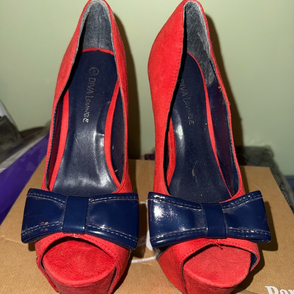 Diva Lounge Red and Navy Blue Peep Toe Heels